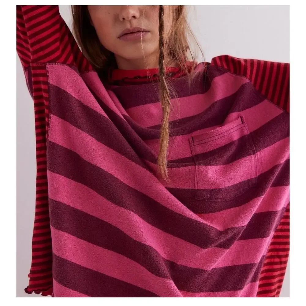 Free People We The Free Punk Playful Tee Size Medium Pink Red Stripes Emo